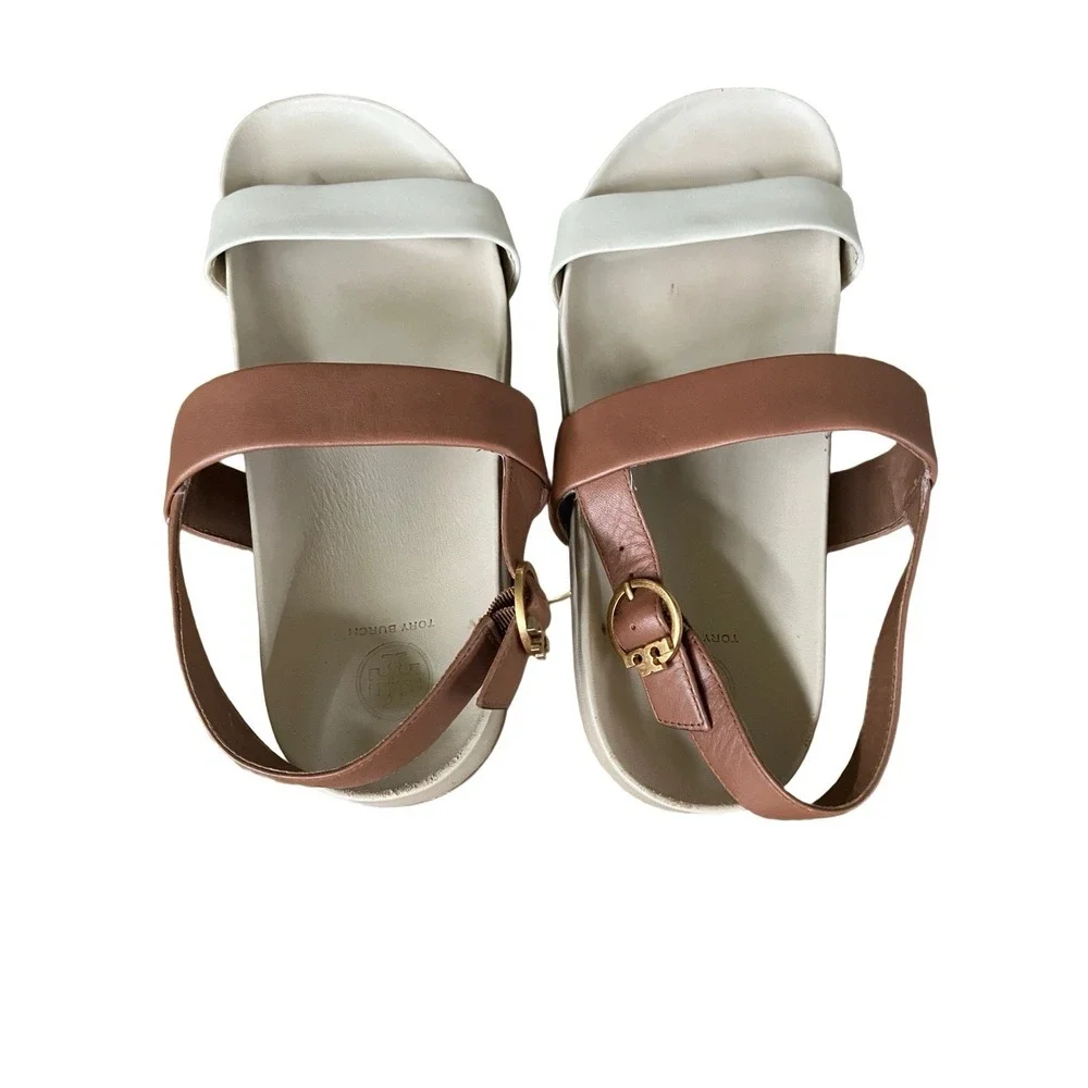 Tory Burch Women's Color Block Strap Sandal Size 10.5 Leather Brown Oatmeal Tan